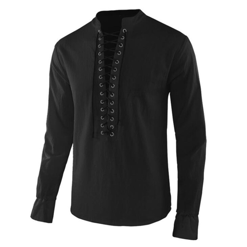 Men's Style Shirts Pure Color Long Sleeve Medieval Knight Cotton Shirt Pullover