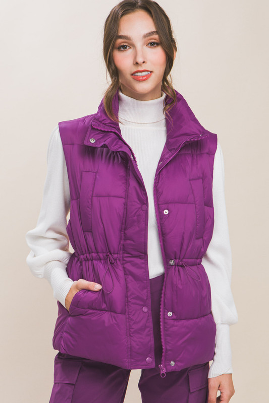 Zip Up Button Puffer Vest With Waist Toggles-43208