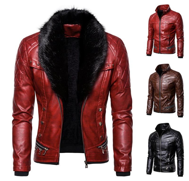 Men's Detachable Fur Collar Pressed Thickened Large Motorcycle Leather Jacket