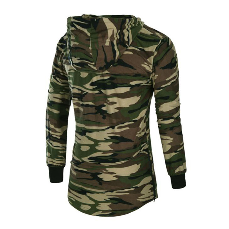 Hip Hop Camouflage Hoodies T-Shirts Men's Extra Long Side Zipper Hooded