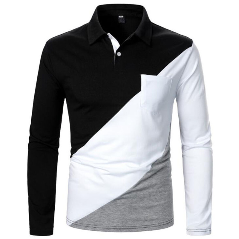 New Men's Long Sleeve Polo Shirt Contrast Color Tops Streetwear Casual Fashion