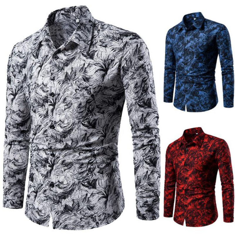 Men's Shirt Printed Casual Long Sleeved Shirt Slim Fit Male Social Dress Shirt