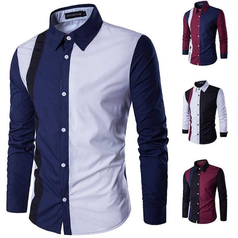 New Arrival Men's Turn-down Collar Shirt Casual Long Sleeve Patchwork Top