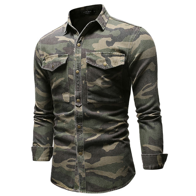 Men's Camouflage Long Sleeve Denim Shirt Casual Lapel Single Breasted Fashion