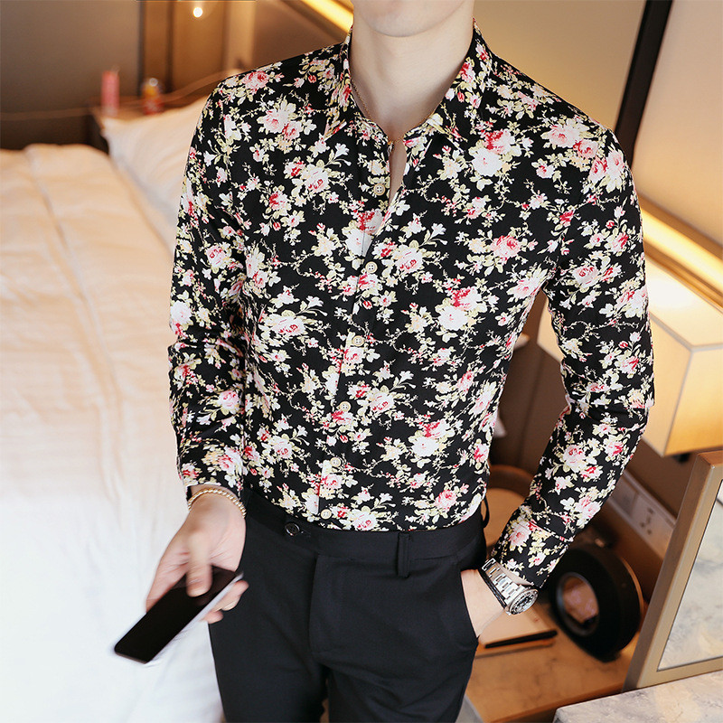 New Men's Clothes Fall Long Sleeve Fashion Trend Printed Casual Slim Shirts