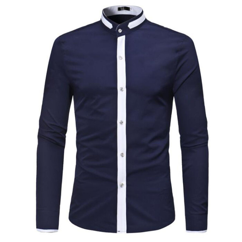 Men's Hipster Banded Collar Dress Shirt Long Sleeve Stand Casual Contrast Color