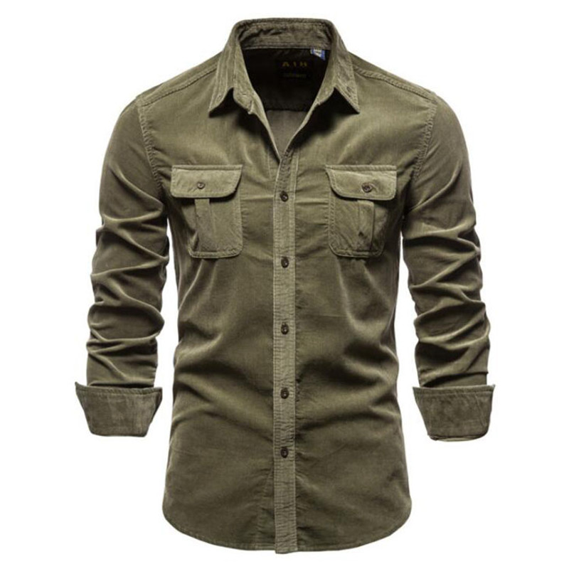 Men's Casual Corduroy Cotton Lapel Solid Color Slim Fit Mens Shirt Custom Logo