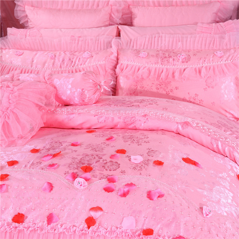 Embroid Cotton Multi Layers Ruffles Lace Princess Pink Red Wedding Bedding Set