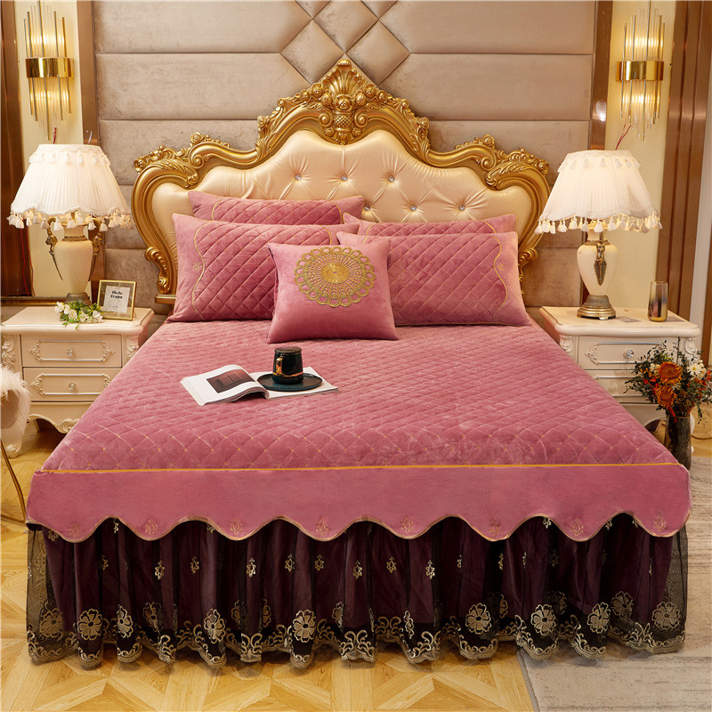 New Nature Plant Flora Pink Bed Skirted Bedding Sets With Lace Embroid