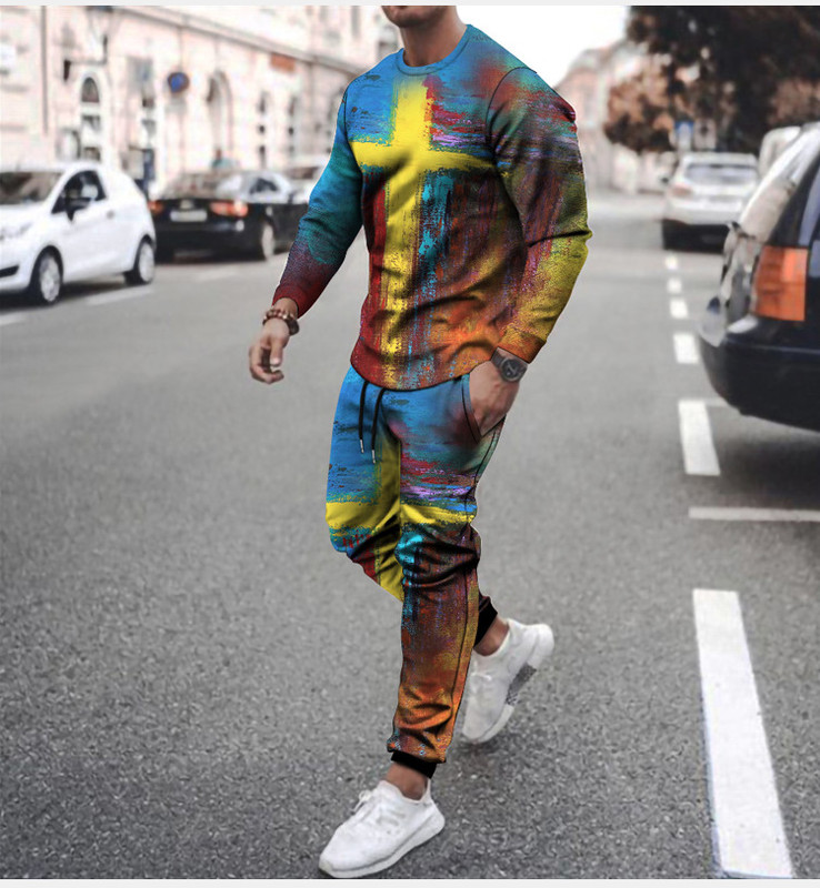 Men's Fashion New Style Long Sleeve Jogging Suit Casual Printed Sweater Set
