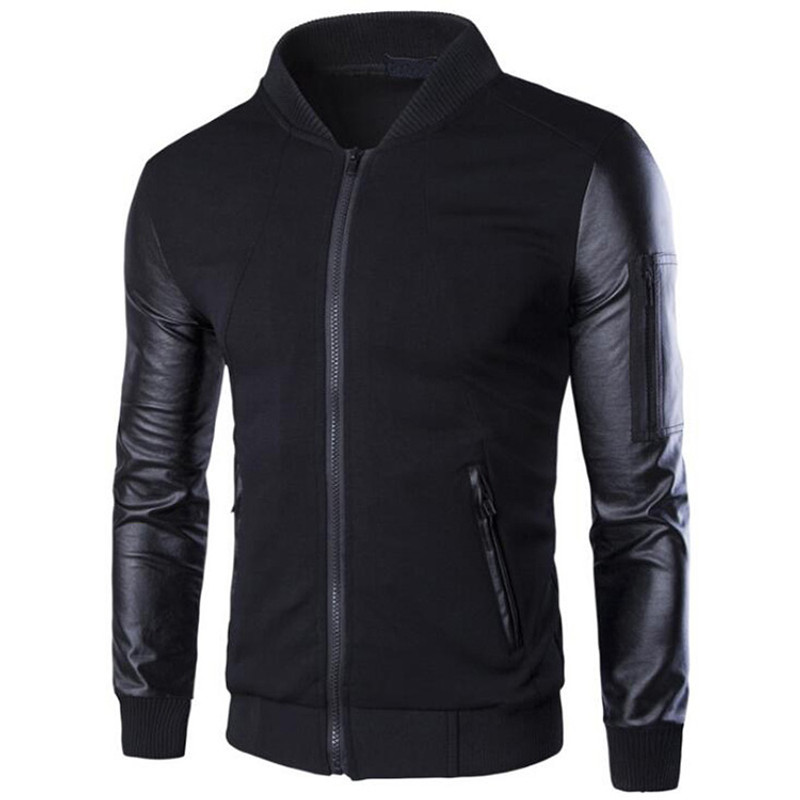 Men's Jackets New Patchwork Leather Sleeve Coat Cardigan Slim Stand Zipper Coat