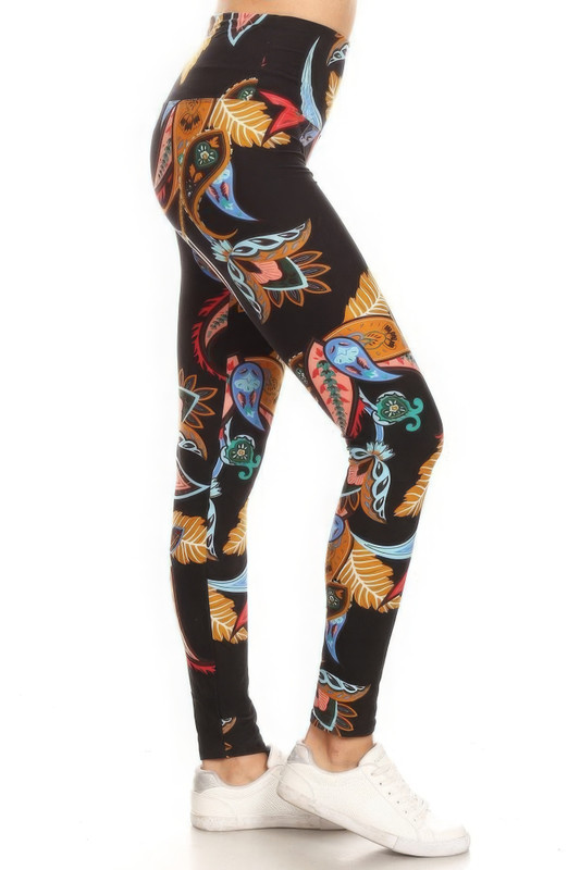 5-inch Long Yoga Style Banded Lined Paisley Floral Printed Knit Legging With...