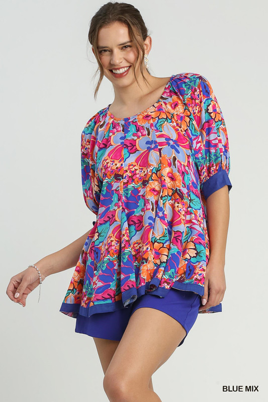 Floral Print Round Neck Pleated Baby Doll Top With 3/4 Sleeves-43814