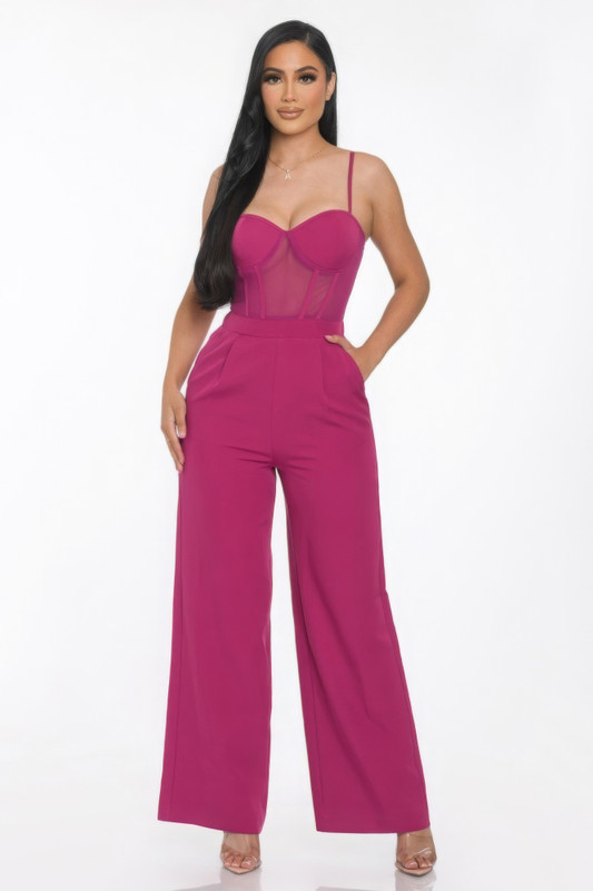 Mesh Insert Cup Wide Leg Jumpsuit-43818
