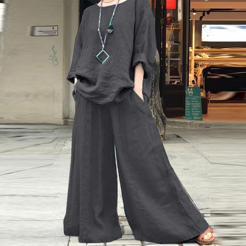 Women's Fashion Casual Linen Shirt Long Sleeve Pants and Top Shirt Two Piece Set