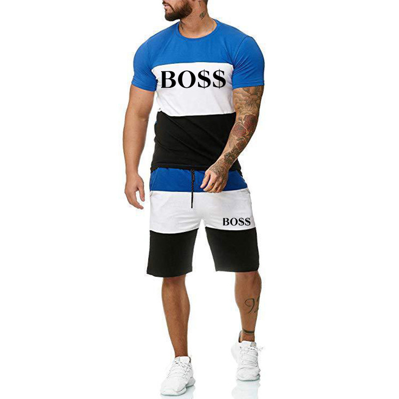 Men's Striped Tracksuits Casual Cool Short Sleeve Sports  T-Shirt Shorts Set