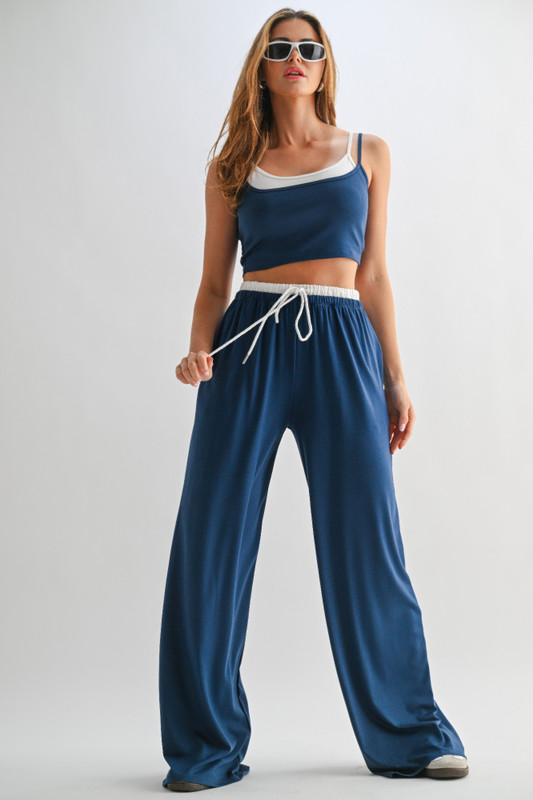 Drawstring Lounge Pants & Crop Top Set-48404