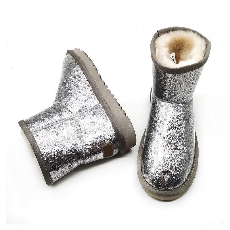 Glitter Ankle Sheep Fur Skin Real Leather Women's Boots Matching Waterproof