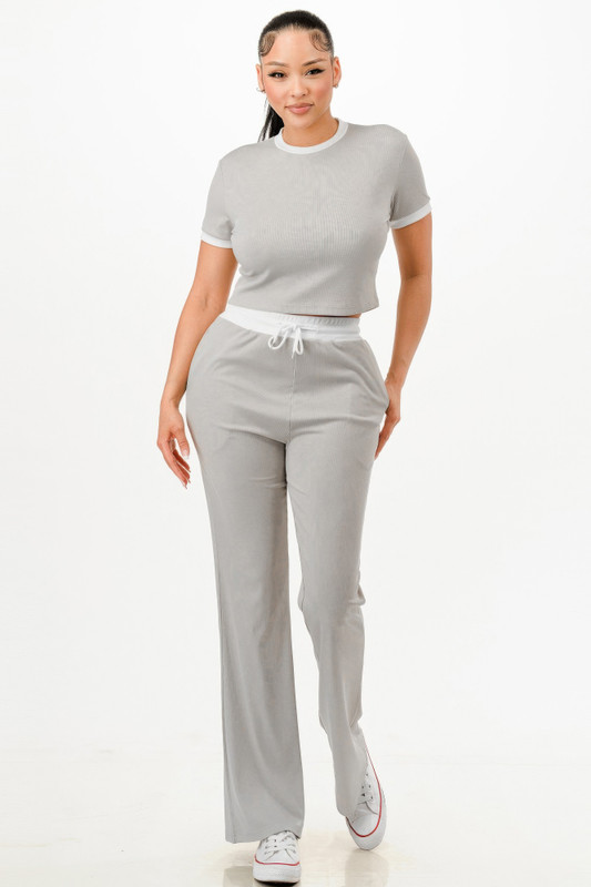 Ribbed Contrast Binding Top And Pants Set          -50205