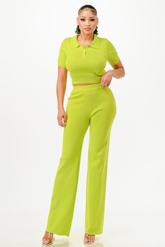 Cropped Polo Sweater Shirt And Pants Set              -50216