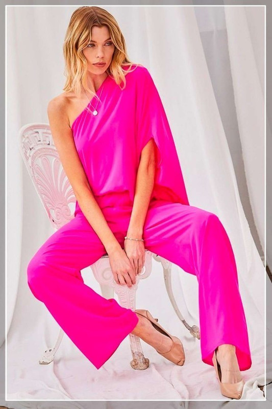 One Shoulder 3/4 Sleeve Unbalanced Waist Elastic Solid Pants Jumpsuit  -41665