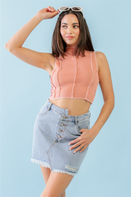 Dark Peach Ribbed Inside-out Sleeveless Mock Neck Crop Top-41521