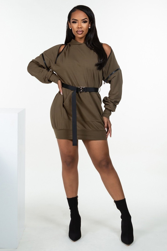 Double Zipper Long Sleeve Hooded Mini Dress-41463