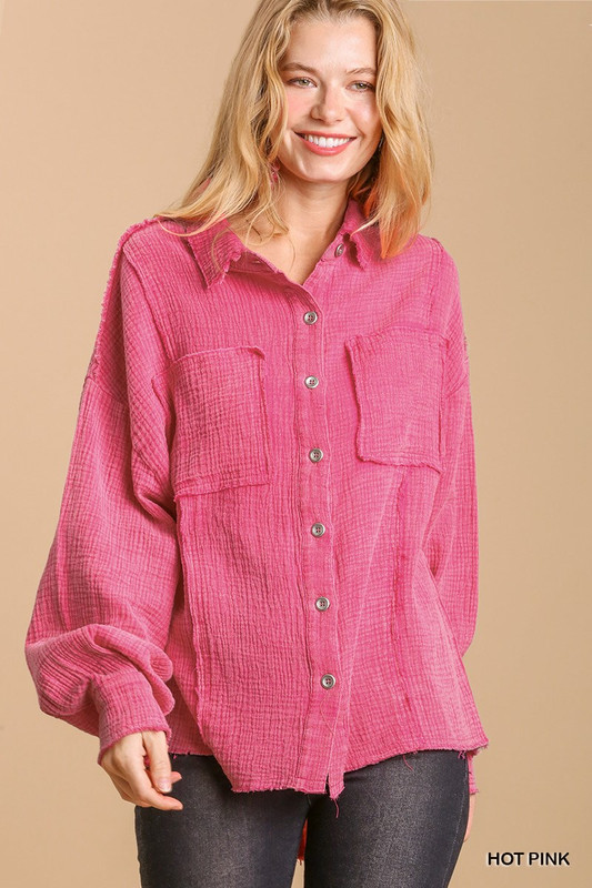 Mineral wash button down top with high low hem-41374