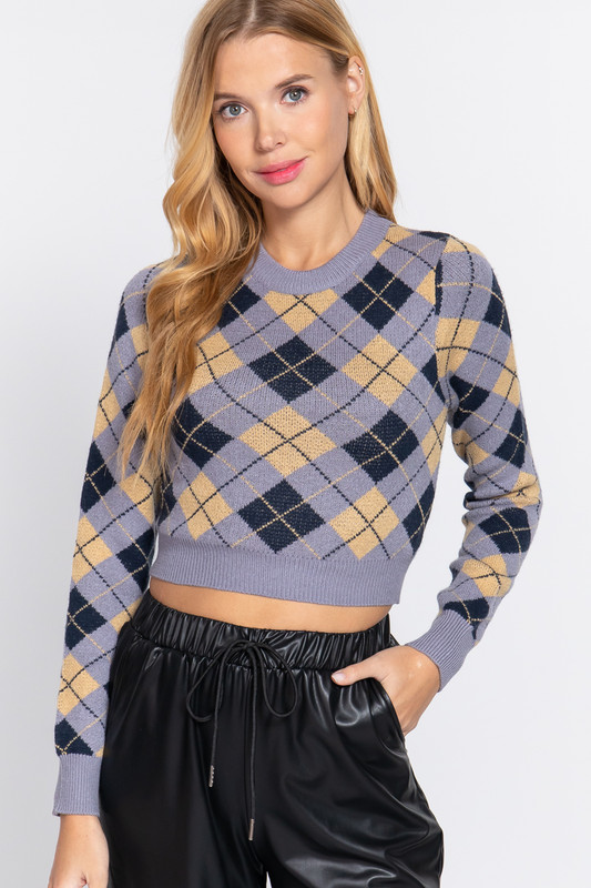 Argyle Jacquard Crop Sweater  -41271