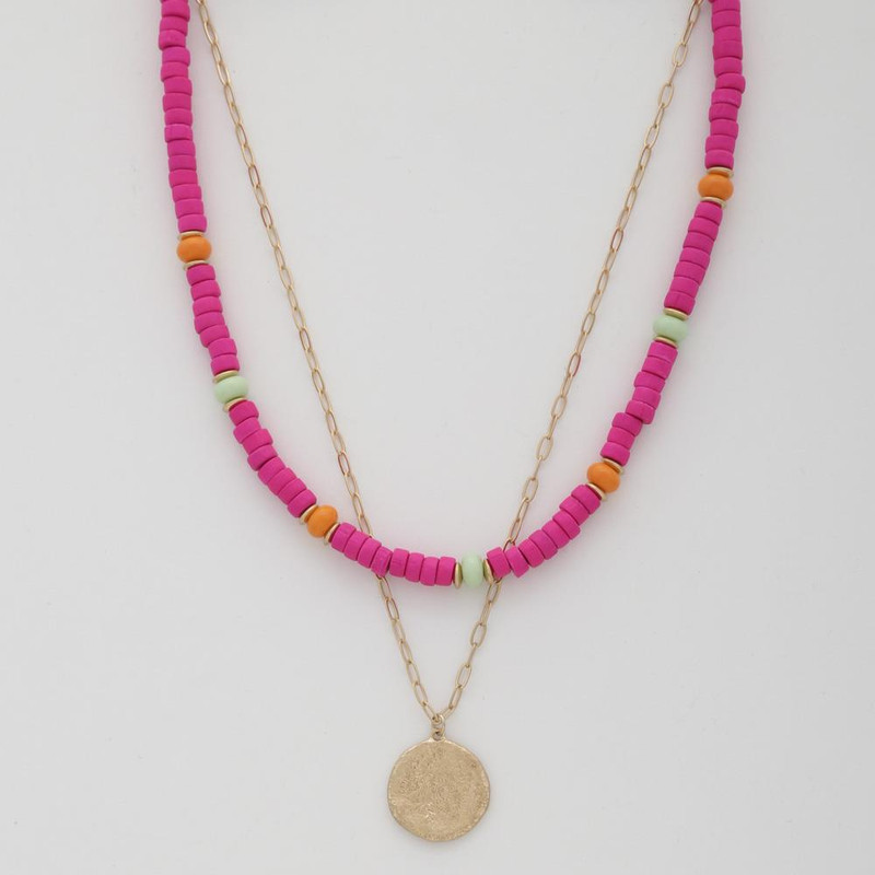 Coin Wood Bead Layered Necklace-42045