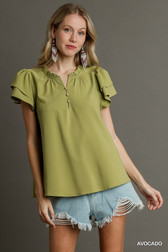 Boxy Cut Faux Button Ruffle Neckline Top With Short Layered Sleeves-43815