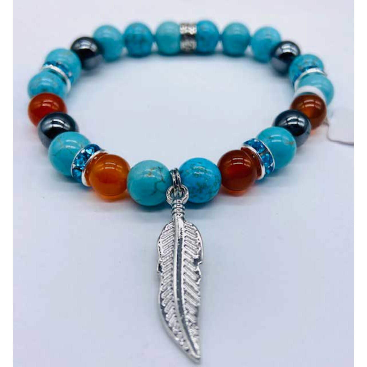 Turquoise, Red Agate, Hematite With Feather 8 mm.
