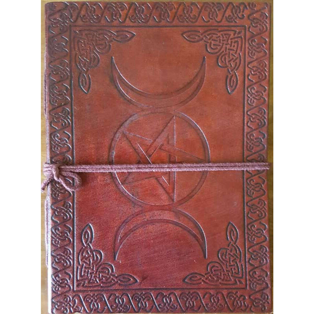 Triple Moon Pentagram Blank Leather Journal w/ Cord 5" x 7"