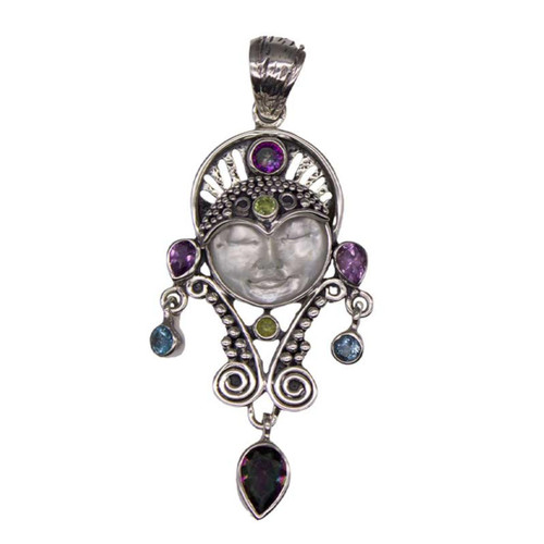 Amethst, Mother Of Pearl Face, Qtz, Peridot, Blue Topaz Pendant