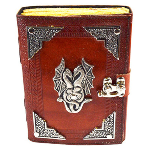 Double Dragon Aged Looking Paper Leather Journal w/ Latch 4 1/2" X 6 1/2" - Unlined
