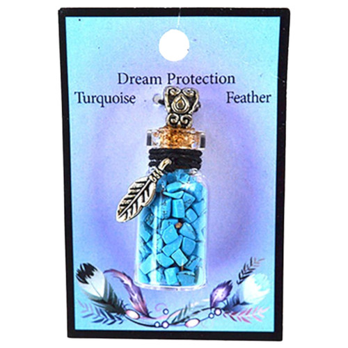 Turquoise Chips In Bottle Necklace With Feather