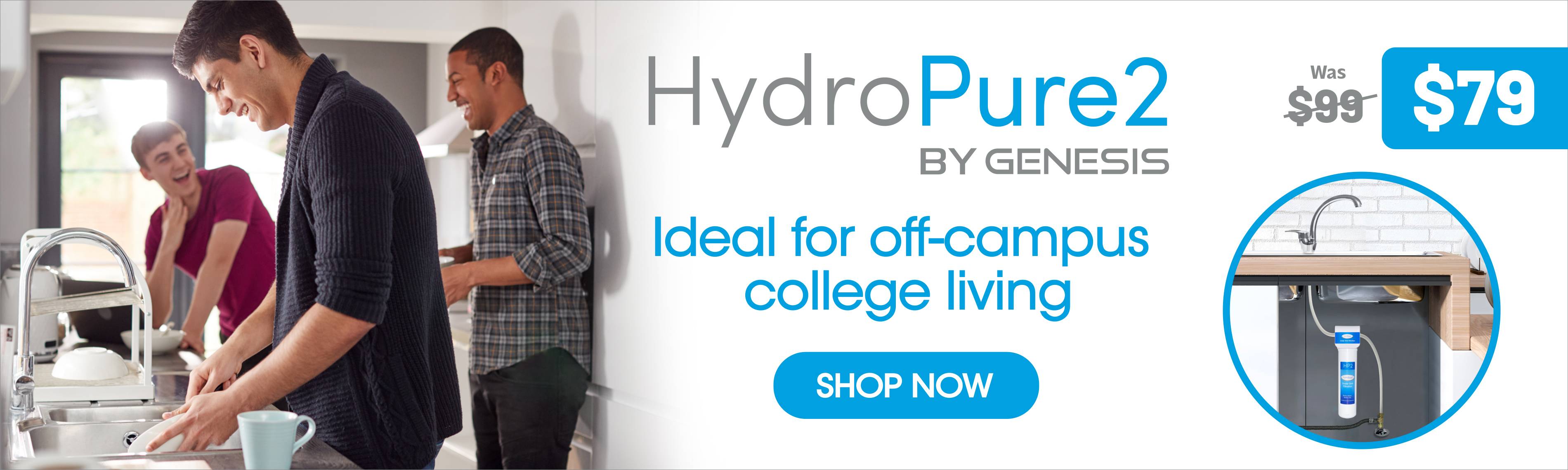 HydroPure2 water filter by Genesis, ideal for off-campus college living, shown with students in a kitchen setting.