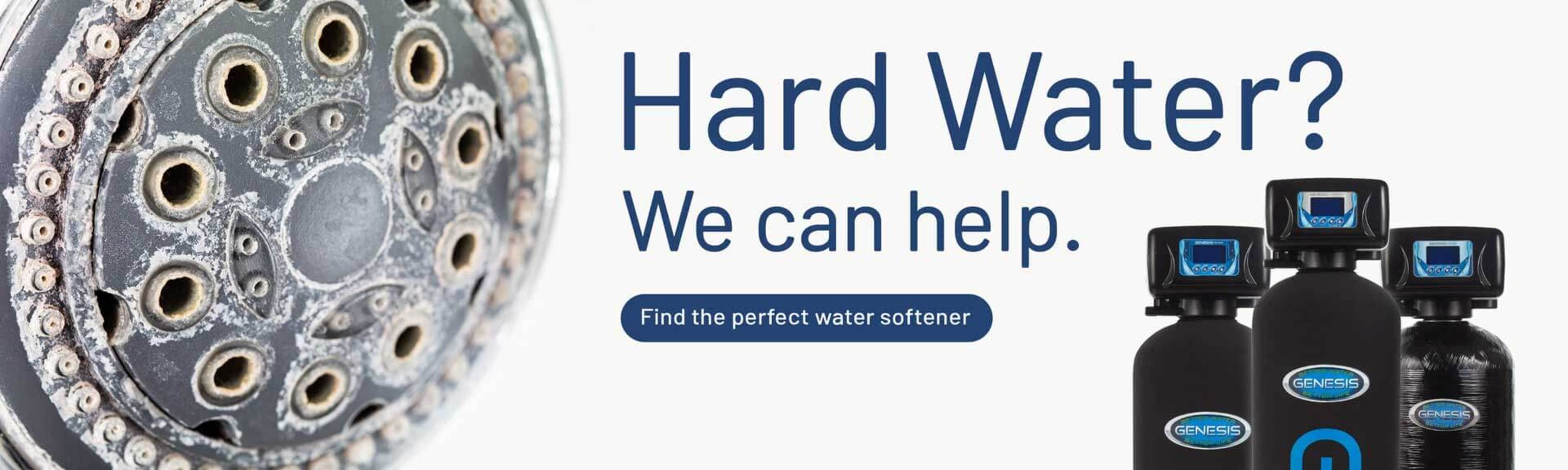 Hard water buildup on showerhead with Genesis water softeners &ndash; find the perfect solution.