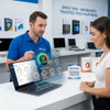 A professional product visualisation designed for a Brisbane-based technology company. The image showcases a modern, well-lit home office where a user is interacting with their laptop screen. A secure, glowing digital hologram projects from the screen, displaying terms like "REMOTE SERVICE," "SECURE CONNECTION," "LIVE ASSISTANCE," and diagnostic metrics indicating an active tech-support session.

In the background, a split-screen or faded graphical element visually links the home user to an experienced IT specialist working from a Precision Computers centre, conveying immediate, reliable connection. Branding elements subtly integrated into the scene display text like "Remote Support Subscriptions: Personalised Computer Care" and "Brisbane's Trusted Tech Partners Since 1993." The overall tone is professional, reassuring, and technically advanced, illustrating convenient, jargon-free remote troubleshooting for home users and self-employed professionals.
