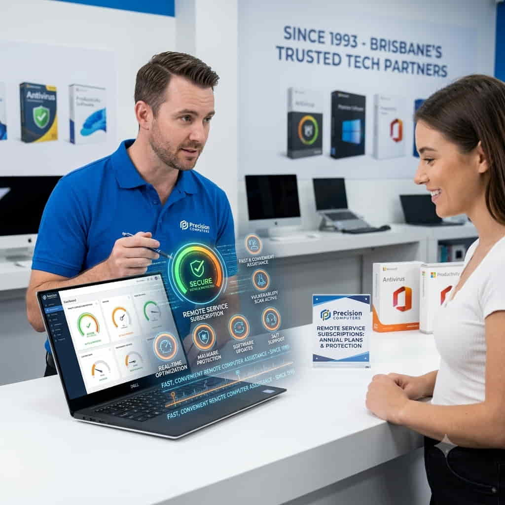 A professional product visualisation designed for a Brisbane-based technology company. The image showcases a modern, well-lit home office where a user is interacting with their laptop screen. A secure, glowing digital hologram projects from the screen, displaying terms like "REMOTE SERVICE," "SECURE CONNECTION," "LIVE ASSISTANCE," and diagnostic metrics indicating an active tech-support session.

In the background, a split-screen or faded graphical element visually links the home user to an experienced IT specialist working from a Precision Computers centre, conveying immediate, reliable connection. Branding elements subtly integrated into the scene display text like "Remote Support Subscriptions: Personalised Computer Care" and "Brisbane's Trusted Tech Partners Since 1993." The overall tone is professional, reassuring, and technically advanced, illustrating convenient, jargon-free remote troubleshooting for home users and self-employed professionals.