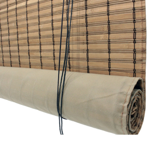 Brown Carbonized Bamboo Slat Roll Up Blind With Privacy Liner Backer