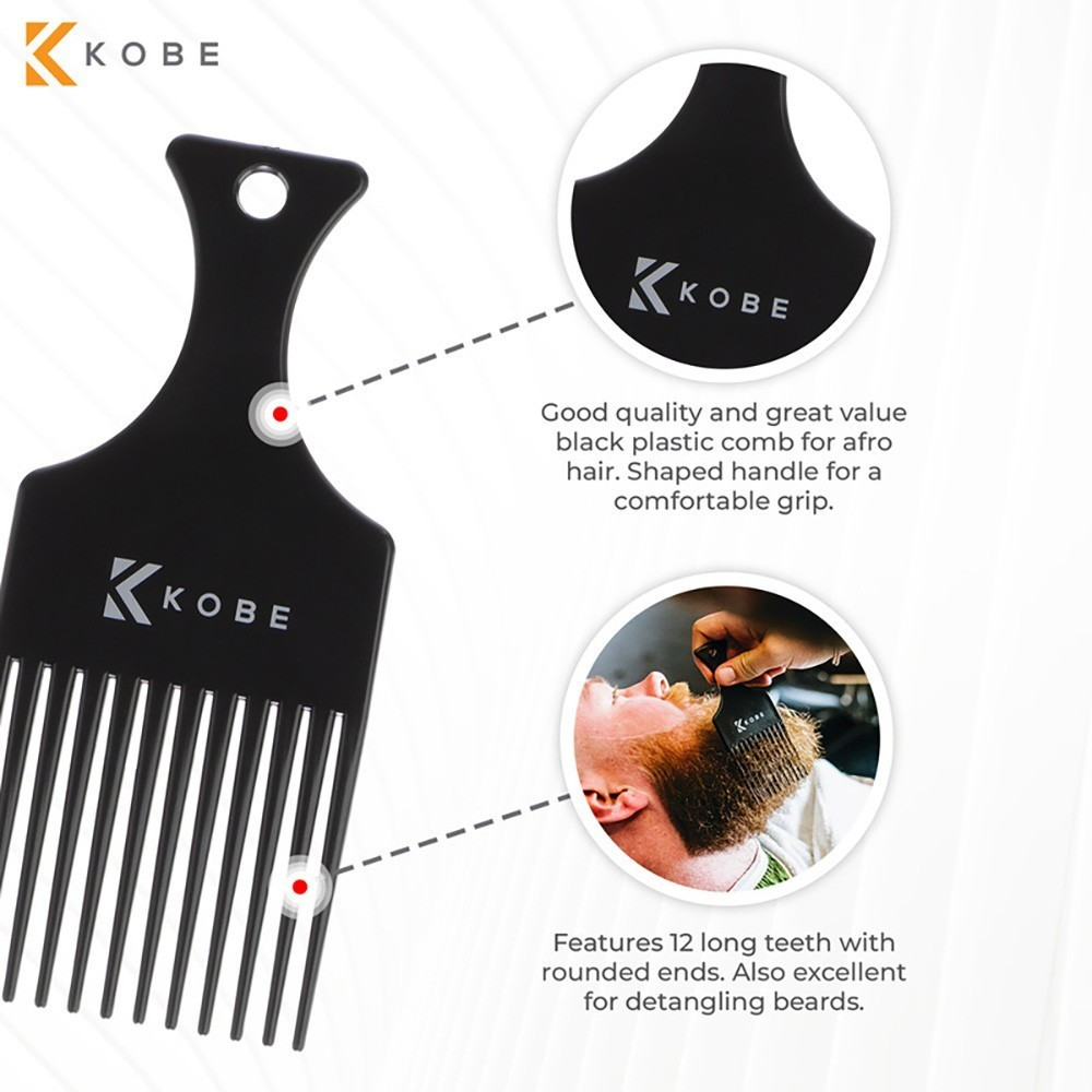 Kobe Afro-Kamm Aus Kunststoff – Schwarz, 12 Breite Zähne, 15 Cm Lang, Für Lockiges Und Krauses Haar