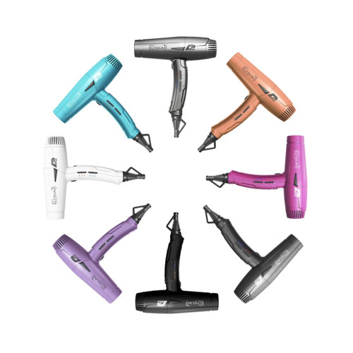 Parlux Elysium Hair Dryer, multiple color options including white, pink, black, bronze, turquoise, and purple, with ergonomic handle and concentrator nozzle.