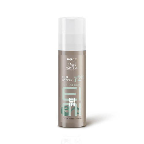 Wella EIMI Curl Shaper Nutricurls 72h Curl Defining Gel-Cream - 150 ml, a sleek metallic bottle with white cap and light blue text, ideal for defining curls and controlling frizz for 72 hours.