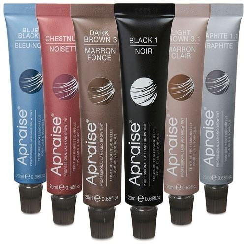 Apraise Eyelash & Eyebrow Tint Vegan Formula, set of five different colored tint tubes for eyelashes and eyebrows in blue, pink, brown, black, and taupe shades.