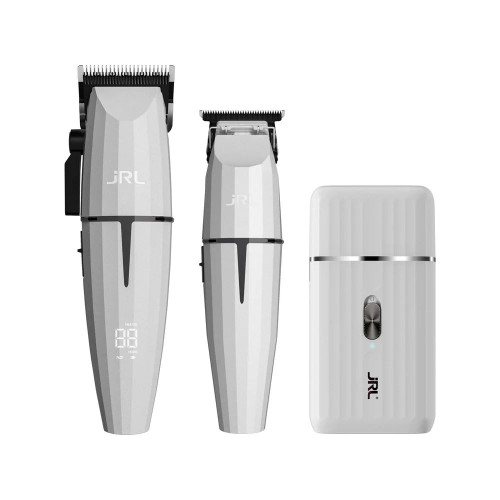 JRL Ghost Clipper, Trimmer and Foil Shaver, sleek silver grooming kit with adjustable controls and multiple attachments for precision grooming.