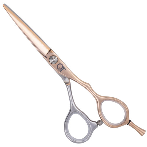 QT Pro X Hairdressing Scissors - Gold, professional scissors with gold and silver-colored blades and ergonomic handles for precise hair cutting.