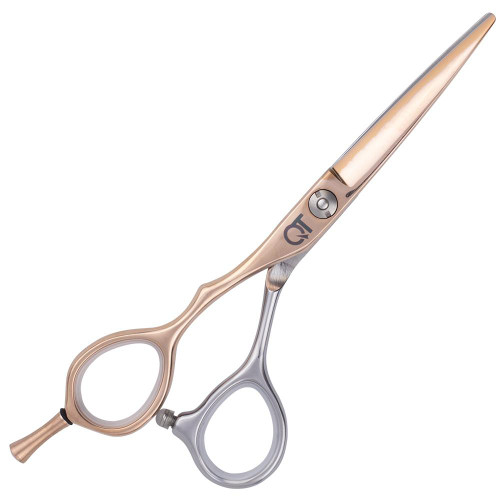 QT Pro X Left Handed Hairdressing Scissors - Gold, professional gold-colored left-handed hairdressing scissors with ergonomic design and sharp blades.
