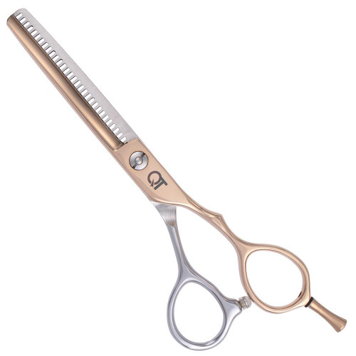 QT Pro X Series Thinning Scissor - Gold - 5.5 inches, professional hair thinning scissors with gold and silver finish, sharp blades, ergonomic handle, for hairstyling and hair thinning.