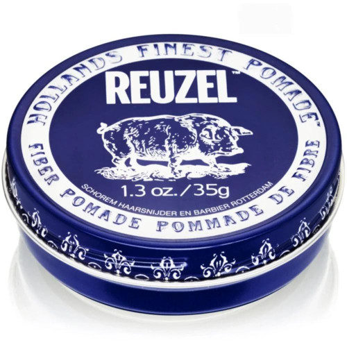 Reuzel Fibre Pomade 35g & 95g, blue tin container with Reuzel logo and pig illustration, medium hold hair pomade for styling